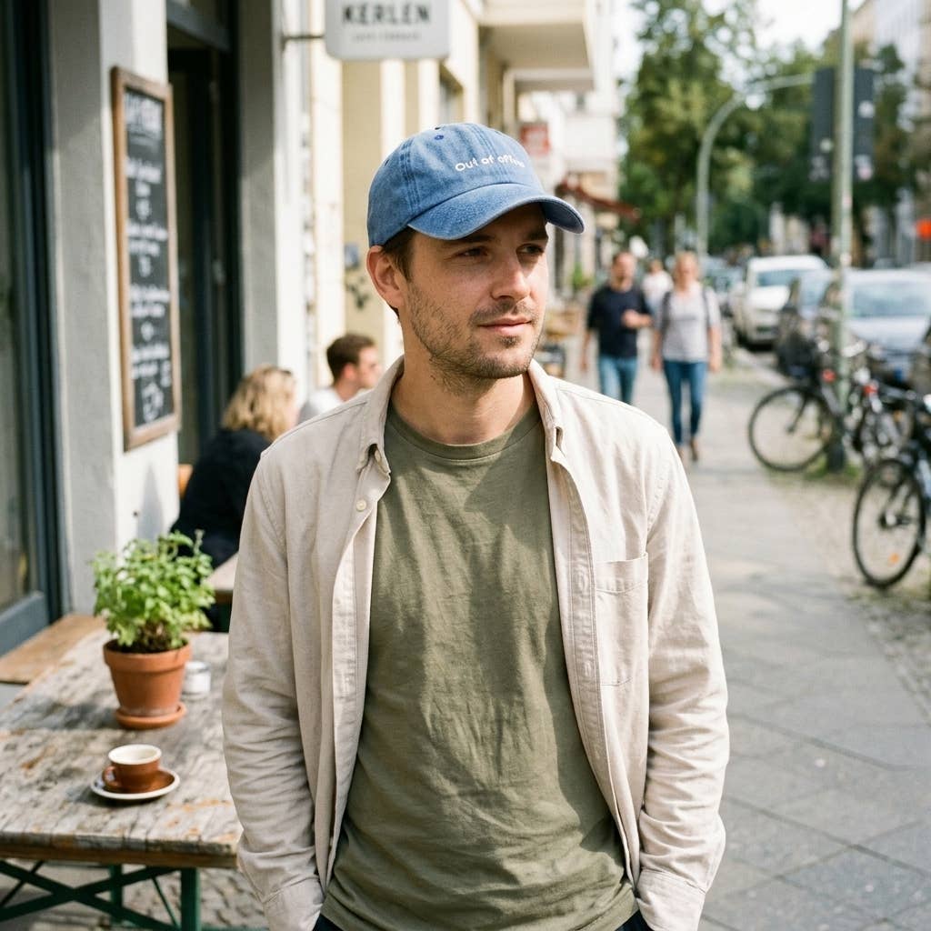 Casquette bleue brodée « Hors du bureau »